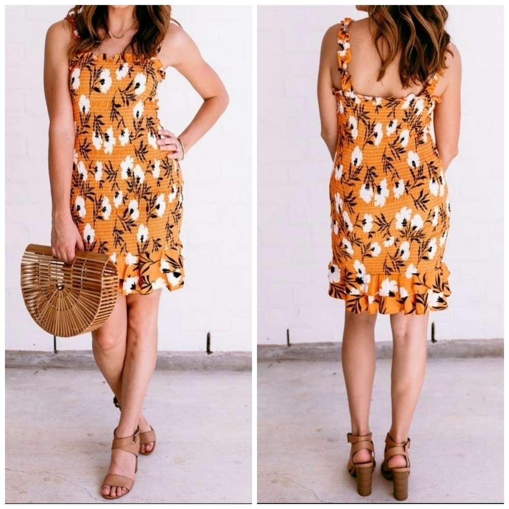 NWOT Olivaceous Orange Blossom Smocked Square Neck Ruffle Hem Sleeveless Dress